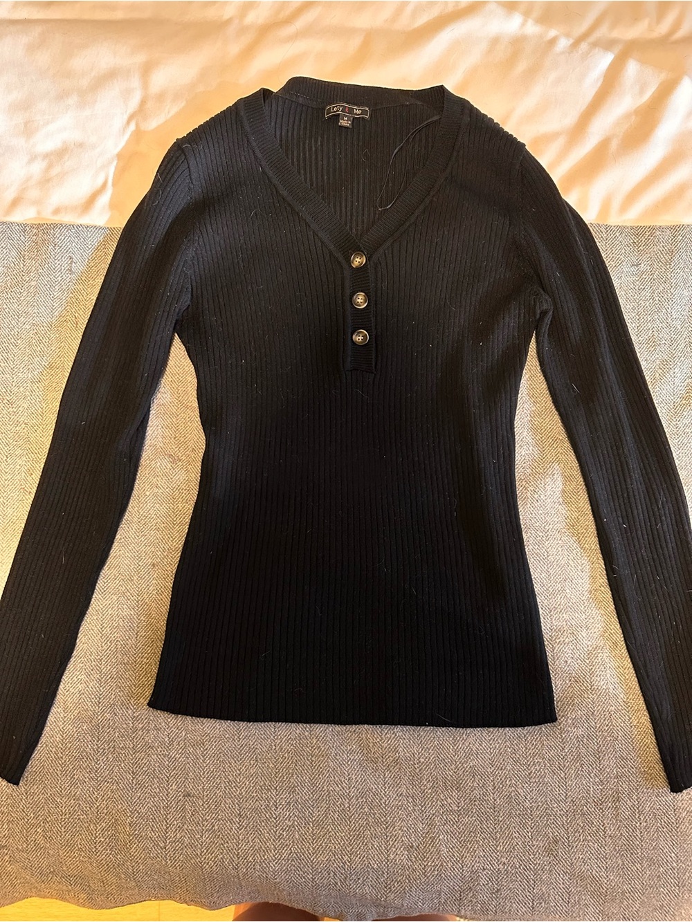 Ribbed V-Neck Long Sleeve Tee with Button Placket - Black